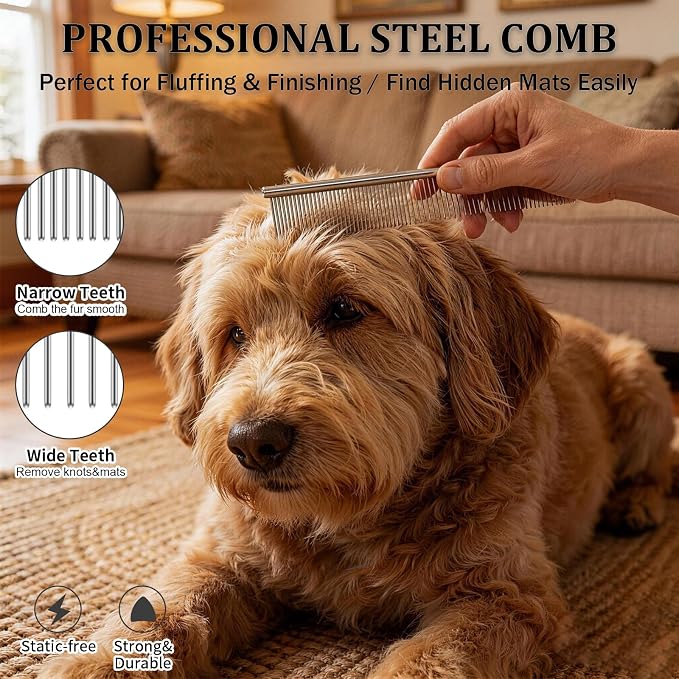 Slicker Brush for Dogs, Professional Dog Grooming Brush Kit 4PCS | Doodles Brush for Goldendoodles Poodles, Long Pin Haired Brush, Easy to Daily Detangling to Prevent Matting