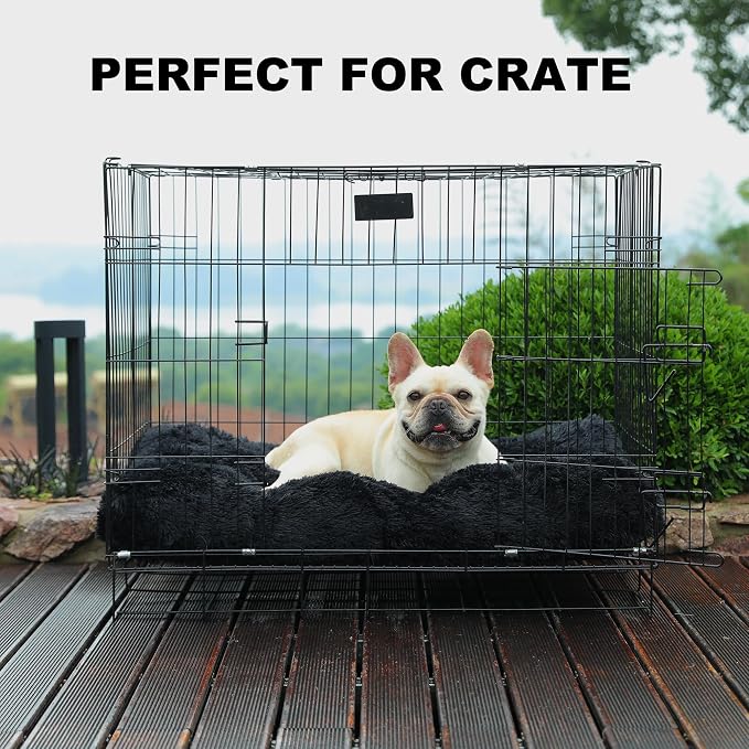 Bedfolks Waterproof Dog Crate Bed, Plush Large Dog Pad, 35"x23", Black | Faux Fur Plush Cover, Removable Washable Outer, Waterproof Inner Lining, Non-Slip Base, Crate Pad and Dog Pillow
