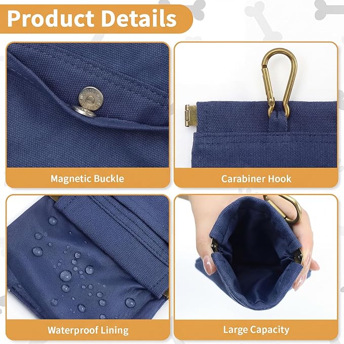 Dog Treat Pouch for Pet Training, Carabiner & Magnetic Buckle, Navy | Hand Free Dog Training Treat Bag, Auto Closing Dog Walking Bag for Puppy Travel or Outdoor Use, Pet Feed Snack Reward Pocket