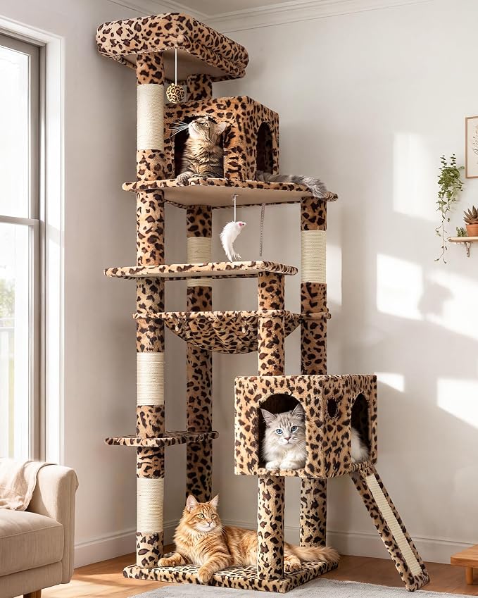 Globlazer Heavy Duty Leopard Cat Tree, 70in Sturdy Cat Tree for Indoor Cats Sturdy Large Cat Tower with Scratching Post & Board, Hammock, 2 Cat Condo for Adult Cats Kittens, F70 Pro, Leopard Print