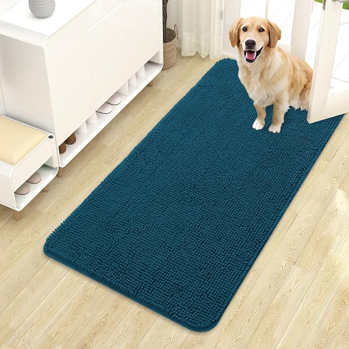 OLANLY Dog Door Mat for Muddy Paws 44x24, Super Absorbent Chenille Mud Mat | Atlantic Blue, Absorbs Moisture and Dirt, Non-Slip Machine Washable Doormat, Quick-Dry Indoor Entryway Floor Carpet for Dogs