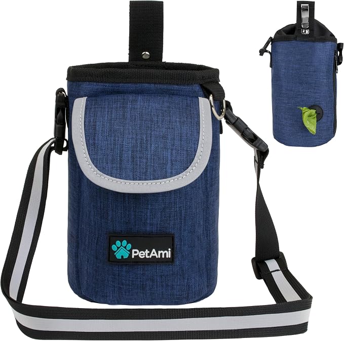 PetAmi Dog Treat Pouch, Large Hands-Free Training Bag, Navy Blue | Built-In Poop Bag Dispenser, Holds 3 Cups Of Treats, 4 Ways to Wear, D-Ring, Reflective Strap, Dog Treat Bag for Walking