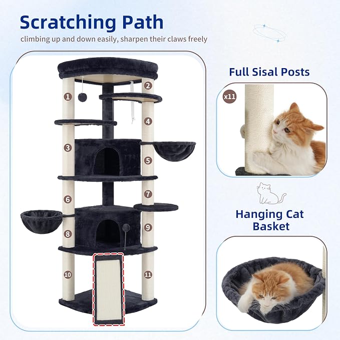 Corner Cat Tree, All Sisal Multi-Cat Scratching Posts GCT035G | 63.8" Cat Tower for Indoor Cats with Cat Condo, 2 Large Cat Caves, Big Top Perch, 2 Hanging Baskets & Sisal Ramp, Drak Gray
