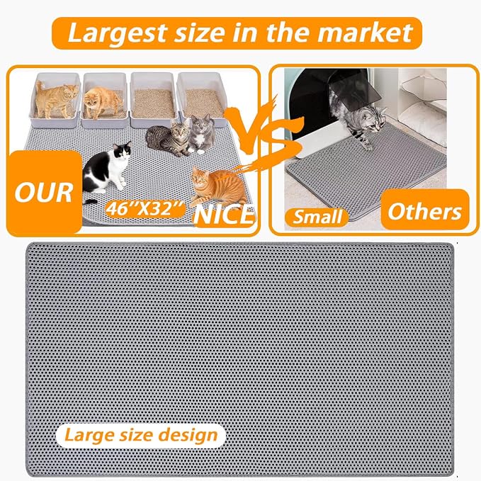 Large Cat Litter Mat, 46x32 Inches Extra Large Double Layer Honeycomb Cat Litter Trapping Mat, Non Slip Waterproof Urine Proof Mat, Scratch Resistant Durable Litter Rug