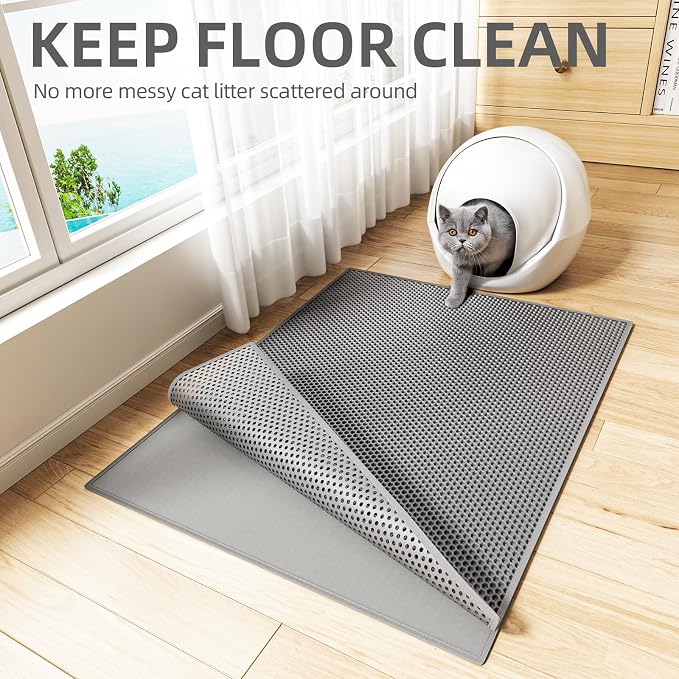 ESTHELLO Cat Litter Mat Honeycomb Double Layer Design 36’’ x 30’’ Gray