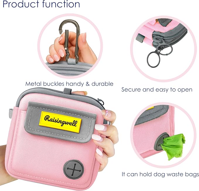 Raisingwell Dog Treat Pouch for Pet Walking and Training with Clicker Poop Bags and Three Bags Design Small Fanny Zipper Pack Holder for Puppy Snack Dispenser Kit for Leash and Outdoor Use (Pink)
