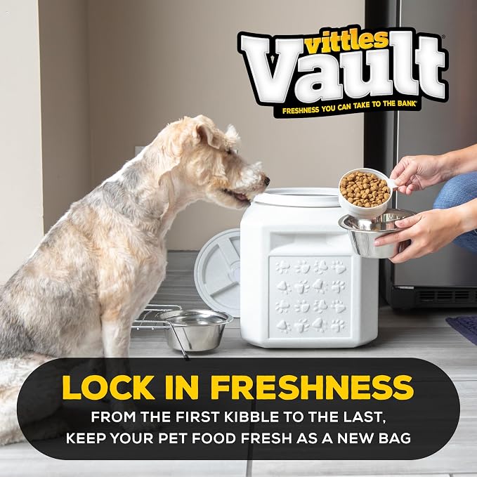 Vittles Vault Pawprint Pet Food Storage Container For Dog Food, Kibbles/Bird Seed/Oatmeal/Rice/Flour/Cereal, BPA Free, Plastic, Sealed Airtight For Cat Food, Up To 25 lb, Made in USA, With Scoop, Gray