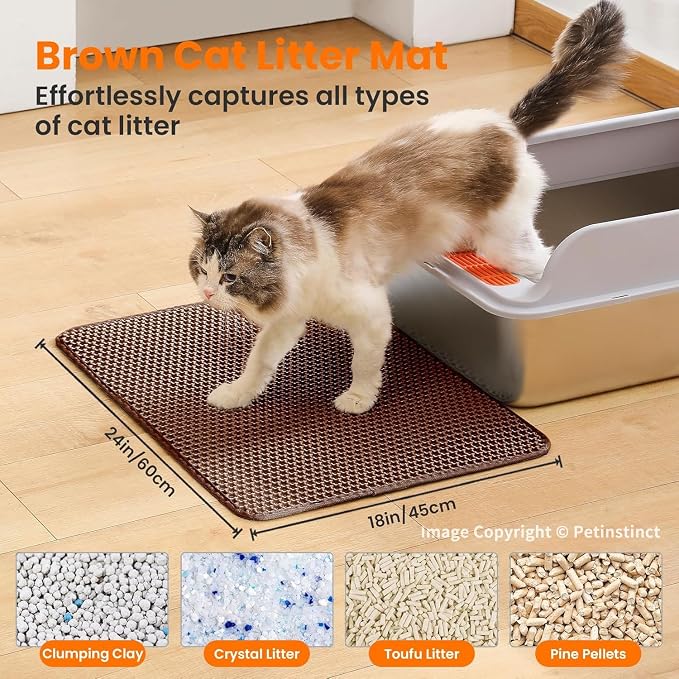 Cat Litter Mat, Double Layer Honeycomb Litter Box Mat | 24x18”, Efficient Litter Trapping, Easy to Clean, Waterproof, Non-Slip, Soft on Paws, Scratch Resistant, Brown, Large