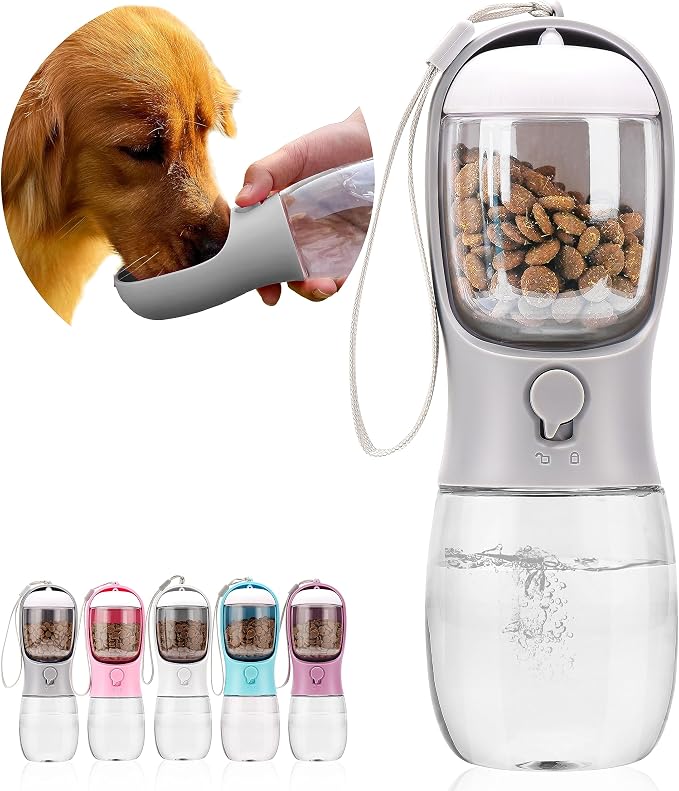 Dog Water Bottle with Food Container, Portable Leak Proof Pet Water Dispenser for Walking Hiking Travel, Puppy Essentials Accessories for Small Large Dogs, Dog Gifts (10oz/15oz/19oz)