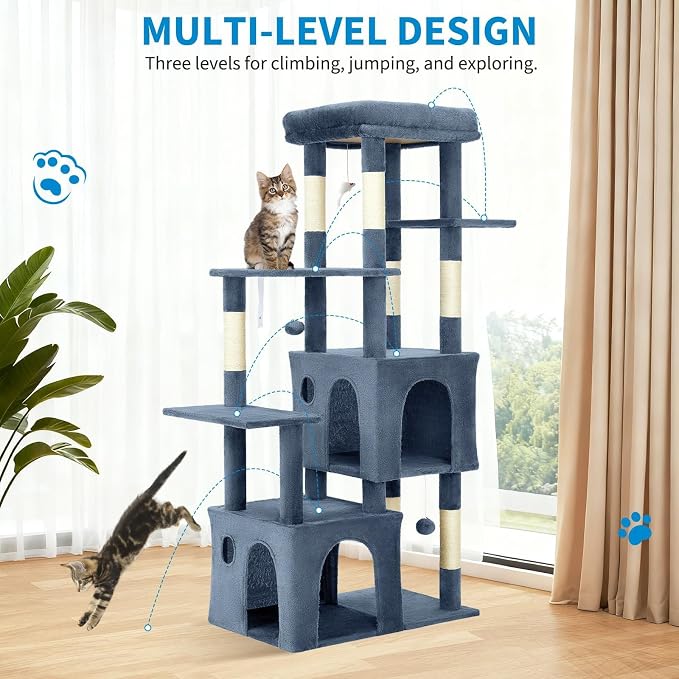 61" Large Cat Tree Tower for Indoor Cats, Heavy-Duty Multi-Level Cat Condo for Maine Coon & Big Cats with Extra-Large Perch, 2 Spacious Houses, Sisal Scratching Posts & Hanging Toys - Light Blue