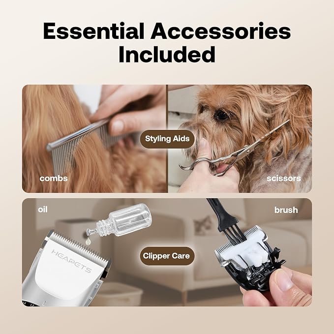 HEAPETS Dog Hair Clippers for Grooming Kit and Dog Paw Trimmer Nail Grinder for Grooming, Low Noise Rechargeable Cordless, Shaver Grooming Supplies for Pet Cats Dogs, White