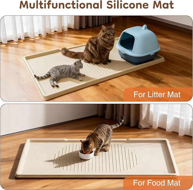 ISSEVE XXL Cat Litter Mat, Extra Large Silicone Litter Box Mat, Beige | 54" x 27.5" XXL, 1.38" Raised Edge, Urine Proof, Litter Trapping Mat for Scatter Control, Soft on Kitty Paws, Protect Floor