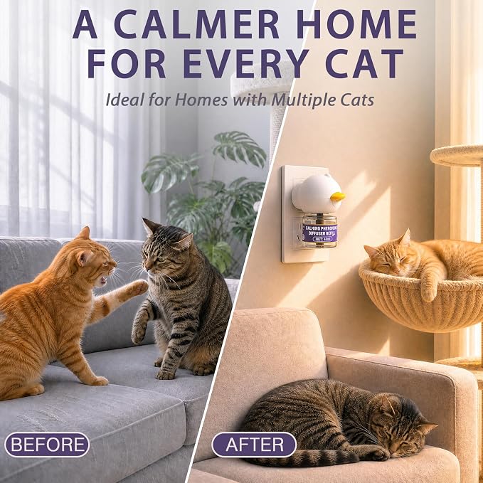 Cat Calming Diffuser with 3 Refills, 3 x 30 Day Cat Pheromone Diffuser for Stress, Fighting, Aggression, Excessive Meowing & Scratching, Best for Multi-Cat Home