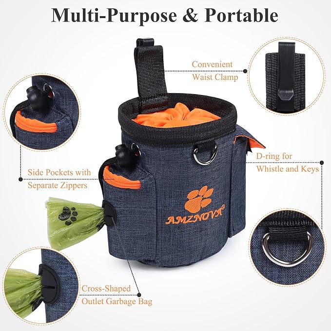 AMZNOVA Dog Treat Pouch Treatnow Dog Treat Bag, 3 Cups, Heather Navy | Training Pouch with Waist Belt & Clicker for Training & Walking, Waist Clip On Snack Fanny Pack for Pet