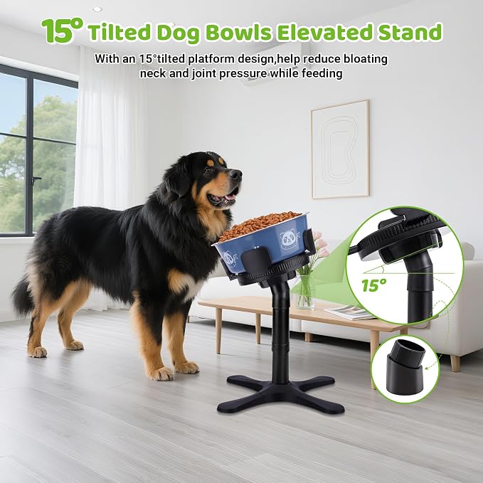 Dog Bowls Elevated Adjustable Stand, Raised Bowl with 3 Heights & Tilted Feeding Stand, Compatible with Various Bowls, for Medium & Large Breeds (2 Pack) Black