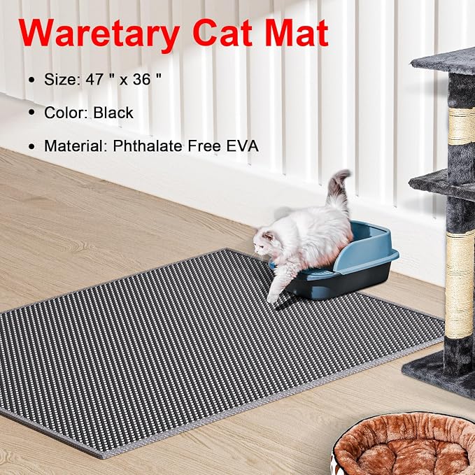 Waretary Cat Litter Mat, 47"x 36", Waterproof, Scatter Control, Grey | Double Layer, Urine-Proof, Non-Slip, Durable, Easy to Clean, Paw-Friendly, Safe & Odorless, Fits Large Litter Boxes