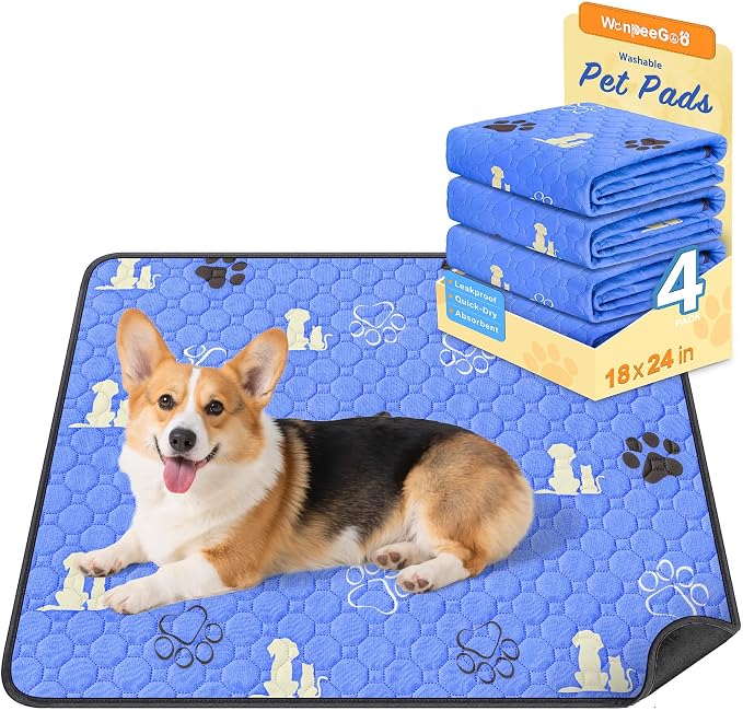 WanpeeGoo Washable Pee Pads for Dogs, Waterproof, 18 x 24 in, 4 Pack, Blue | Super Absorbent, Waterproof and Non-Slip; Washable, Reusable Dog Pads for Crates, Playpens, Floors, Furniture and Travel