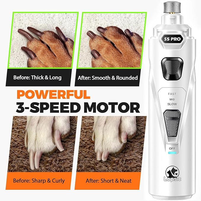 Whisper Quiet Dog Nail Grinder Safe & Stress-Free for Sensitive Dogs Cats | 4 LED Lights,3 Grinding Bits, 3-Speed, Pet Nail Trimmers, Rechargeable Painless Grooming Kit for All Breeds & Sizes