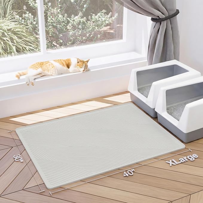 Cat Litter Box Mat - XL Extra Large Size 40 x 30 in, Water Proof, Kitty Litter Trapping Mat, Easy to Clean, Scatter Control, Odorless, Pet Supplies for Indoor Cats, Beige Gray