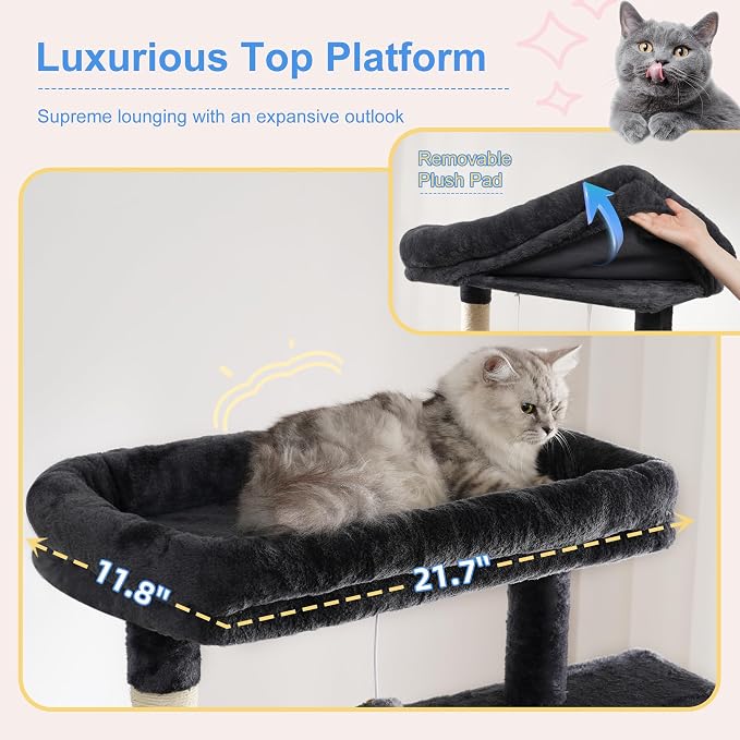 Heybly Cat Tree, 76-Inch Tall Heavy Duty Cat Tower for Big Cats HCT039G | Multi-Level Large Cat Furniture with Extra Wide Baseboard, 2 Condos & 2 Hammocks, 10 Scratching Posts, Smoky Gray