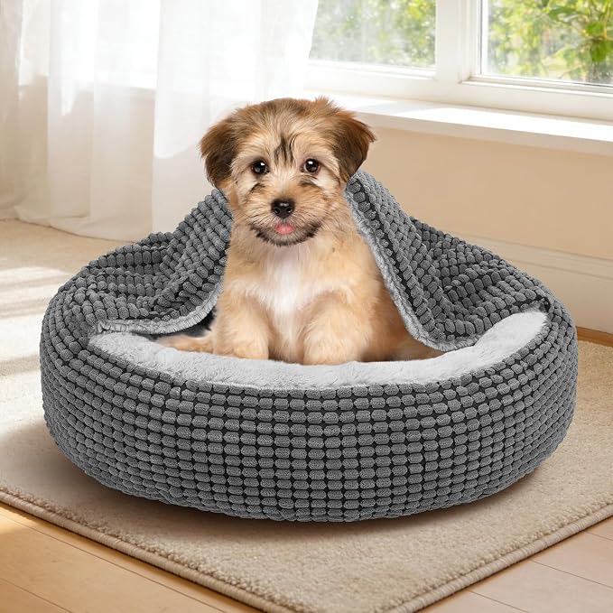Small Dog Bed with Attached Blanket, Cozy Donut Cuddler Anti-Anxiety Hooded Pet Beds Calming Cave Bed. Orthopedic Round Puppy Beds for Dogs or Cats Washable, Anti-Slip Bottom, 23inch