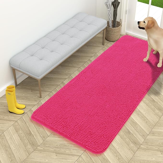 OLANLY Dog Door Mat for Muddy Paws 54x24, Super Absorbent Chenille Mud Mat | Hot Pink, Absorbs Moisture and Dirt, Non-Slip Machine Washable Doormat, Quick-Drying Indoor Entryway Floor Carpet for Dogs