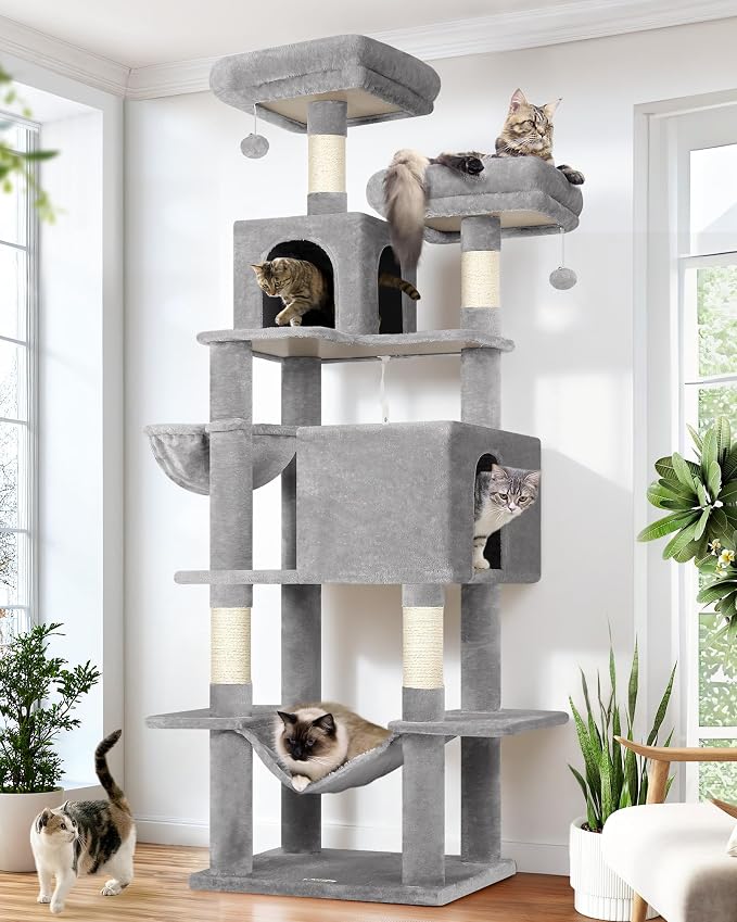 Globlazer Extra Tall Cat Tree Tower for Indoor Cats, 76in, F76, Light Grey | Multi-Level Cat Furniture with Cozy Condos,Hammock and Perches for Large Adult Cats, Perfect for Climbing, Scratching