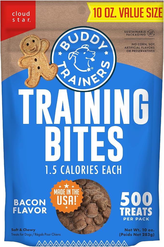 Buddy Biscuits Trainers Training Bites Soft & Chewy Dog Treats, Bacon, 10 oz. Pouch | Made with Natural Pork Liver, Free of Corn, Soy, Or Artificial Flavors, Baked in the USA, Only 1.5 Calories Per Treat