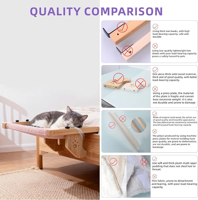 ESPETS Wooden Cat Window Bed for Large Cats, Pink Cat Window Perch Hammock | Solid Wood Window Ledge Perch, Sturdy Large Size Shelves, Soft Thick Removable Cushion, Easy Assemble Adjustable, Hold 50LBS