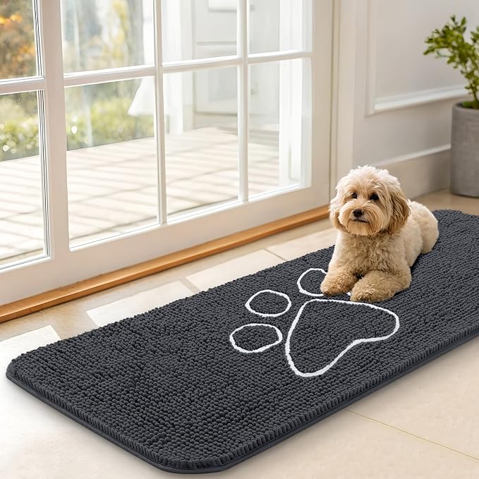 OLANLY Dog Door Mat for Muddy Paws 47x17, Paw Print Design Chenille Mud Mat | Dark Grey, Absorbent, Traps Moisture and Dirt, Non-Slip Washable Doormat, Quick-Drying Indoor Entryway Floor Carpet for Dogs