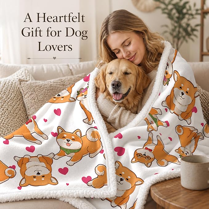BlessLiving Shiba White Throw Blanket with Dense Dog Patterns Sherpa Fleece Blanket Couch Bed, Soft Cozy Warm Pet Blankets for Kawaii Puppy Lovers Pink Heart Cute Animal Print Gift 50x60 Inches