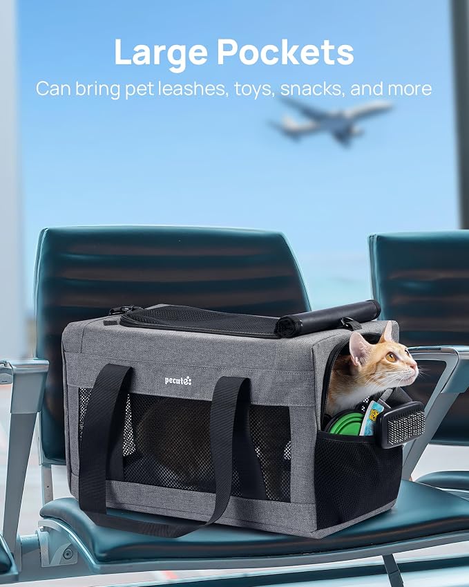 Pecute Airline Approved Cat Carrier, Pet Carrier Soft-Sided, Portable Dog Carrier with Stable Structure, TSA Approved Pet Carrier for Pets Less Than 12lbs, Cat Carrier Bag Suitable for Travel, Gray
