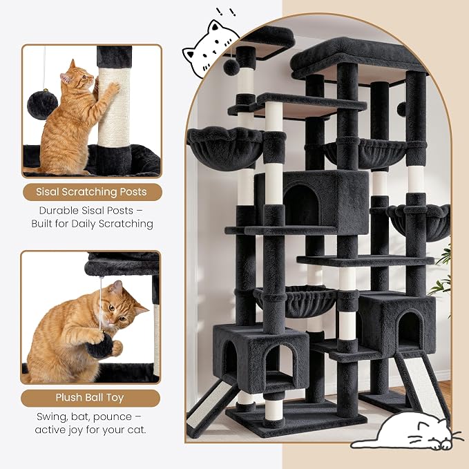 Sha Cerlin 87 in Multi-Level Tall Cat Tree Tower for Large Cats/Extra Wide Feline Activity Center/Sisal Scratching Posts/Wide Base/Cozy Plush Perches/Baskets/Hammocks/Toy Balls/Dark Grey