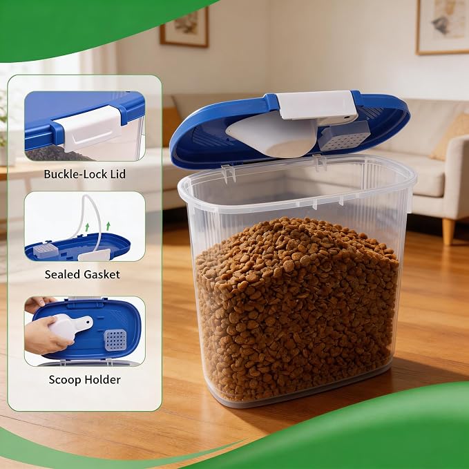 10-15 Lbs Dog Cat Pet Food Storage Container Airtight, Slim Dry Food Bin | Clear Plastic Food Container for Dogs, Cats, Bird Seeds, Kibble, Pellets, Rice, Flour, Food Container with Lid, Scoop and Cup