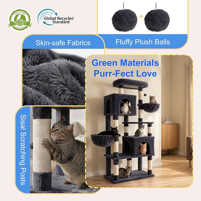 Heybly 68.1" Cat Tree with Oversized Top Platform & Wide Base HCT059G | Heavy Duty Cat Tower for Large Indoor Cats with 2 Condos, 2 Hammocks, 10 Sisal Scratching Posts, Stable Cat House, Smoky Gray
