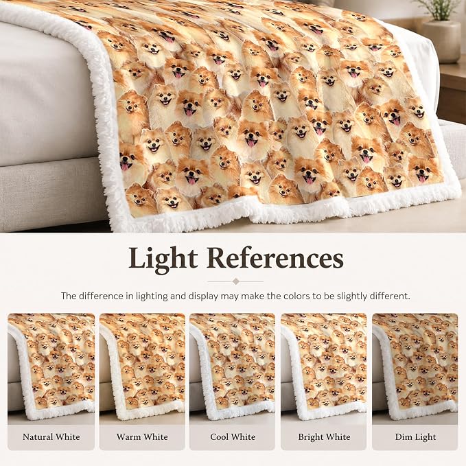 BlessLiving Pomeranian Golden Throw Blanket with Dense Dog Patterns Sherpa Fleece Blanket Couch Bed, Soft Cozy Warm Pet Blankets for Puppy Lovers Cute Animal Print Gift 50x60 Inches
