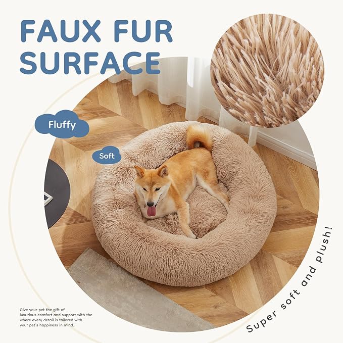 DUMOS Donut Dog Beds for Large Dogs, 37.4x37.4 in Machine Washable Cuddler Warming Cozy Fluffy Faux Fur Plush Round Pet Bed, Anti-Slip Bed for Indoor Dogs and Cats, Brown