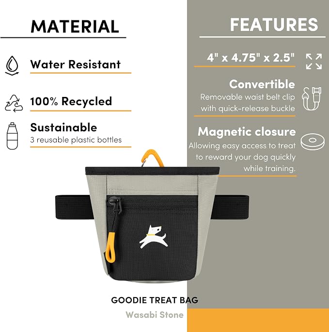 Goodie Treat Bag, Dog Treat Training Pouch | Magnetic Closure | 3 Ways to Wear | Hands-Free Waist Belt | Water-Resistant Recycled Vegan Fabric (Wasabi Stone)
