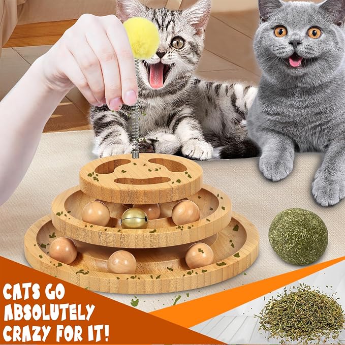 DoogCat Cat Ball Track Toy with Puzzle Top, 3-Level Tower with 9 Removable Balls, Interactive Toy for Kitten Mental & Physical Exercise