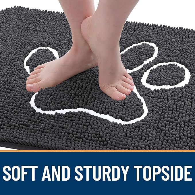 OLANLY Dog Door Mat for Muddy Paws 36x24, Paw Print Design Chenille Mud Mat | Dark Grey, Absorbent, Traps Moisture and Dirt, Non-Slip Washable Doormat, Quick-Drying Indoor Entryway Floor Carpet for Dogs