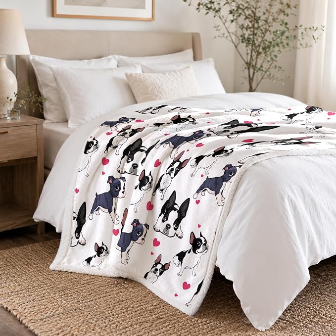 BlessLiving 60x80 Sherpa Fleece Throw Blanket, Boston Terrier | sherpa fleece. boston terrier print; for couch, bed, or sofa.