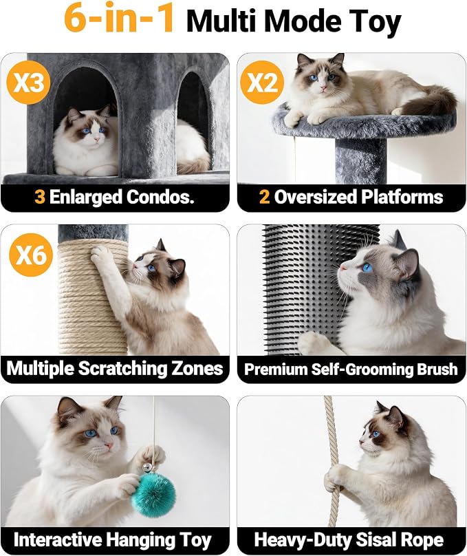 Eco-Wood Cat Tree Tower,【Top Heavy Duty】 Cat Tower for All Indoor Cats | 54” Super Sturdy Cat Tower Bed with 6 Scratching Posts, Scratch rope, Scratcher, 3 Enlarged Cat Condos, Jumping Perches