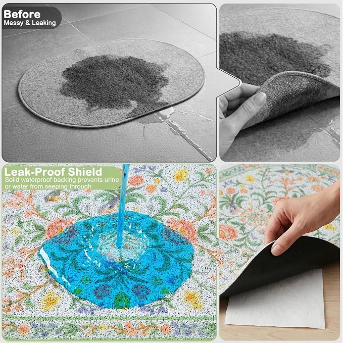 Bienbee Cat Litter Mat, 33" x 22" Large Size Litter Box Mat Rug with Non-Slip Bottom,Urine and Water Proof, Easy to Clean Cat Supplies Essentials for Indoor Kitty Kitten Floor,Pastel Floral L