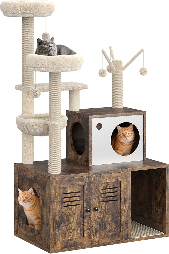 Modern Cat Tree with Hidden Litter Box Cabinet, Multi-Level Cat Condo with Scratching Posts, Perches, Hammock & Basket for Indoor Cats, Brown Wood Finish