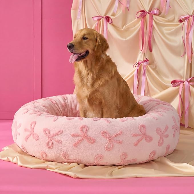 LE SURE Shown on TV Donut Dog Bed Extra Large Size Dog - Round Pet Beds for Calming Puppy with Washable Cover, Orthopedic Modern Beds with Jacquard Shaggy Plush & Anti Slip Bottom, 42 Inch，Pink Taffy