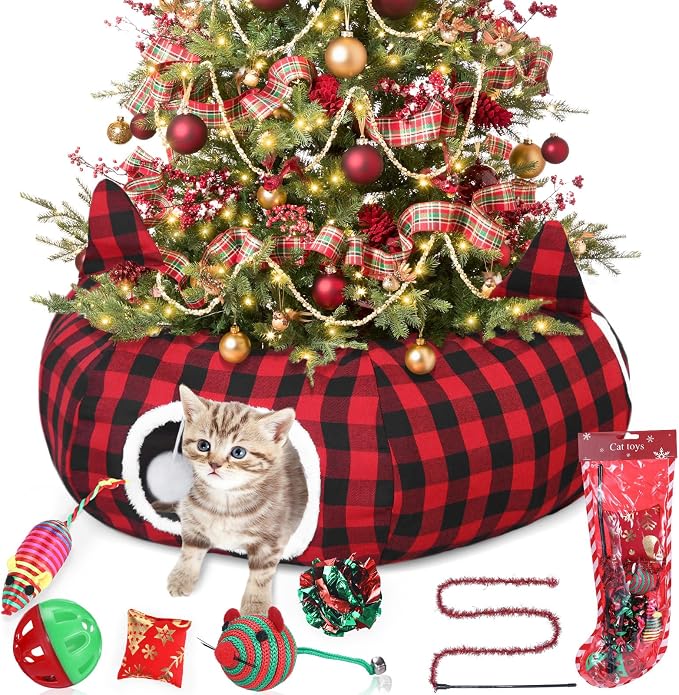 Dansydaisy Cat Tunnel Christmas Tree Skirt, Plaid Buffalo Cat Tunnel Bed with Toys, Hanging Pom Ball Plush Washable Cushion and Dangling Balls 3FT Peekaboo Playground for Small Rabbit Xmas Decor