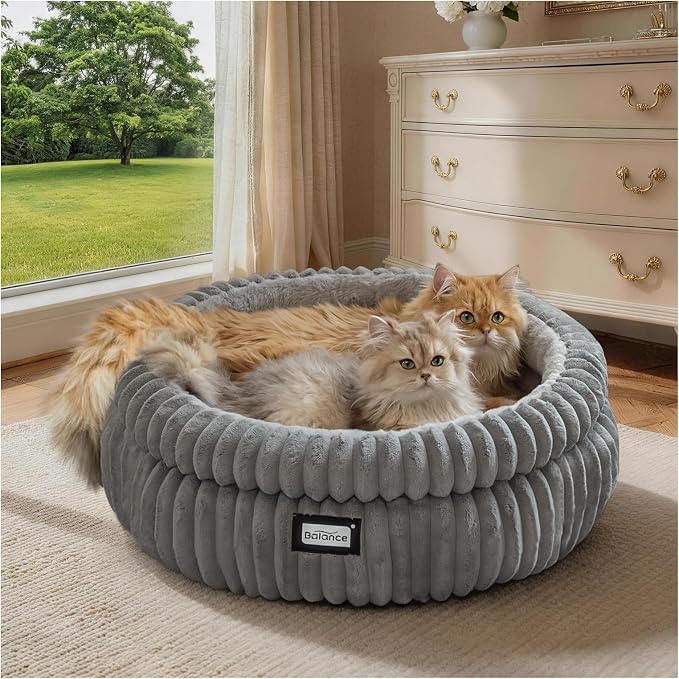 BALANCE Cat Bed Kitten Bed, Washable Round Cat Beds for Indoor Cats,Super Soft Plush Faux Fur Pet Bed for Puppy and Kitten with Anti-Slip Bottom