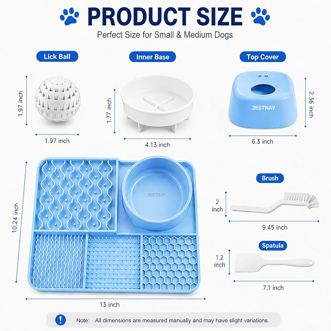Dog Lick Mat & Slow Feeder Bowl Combo, Enrichment Toy with Puzzle Dome, 4-Texture Silicone Licking Mat for Anxiety Relief, Slow Feeding, Boredom Buster with Cleaning Brush & Silicone Spatula (Blue)