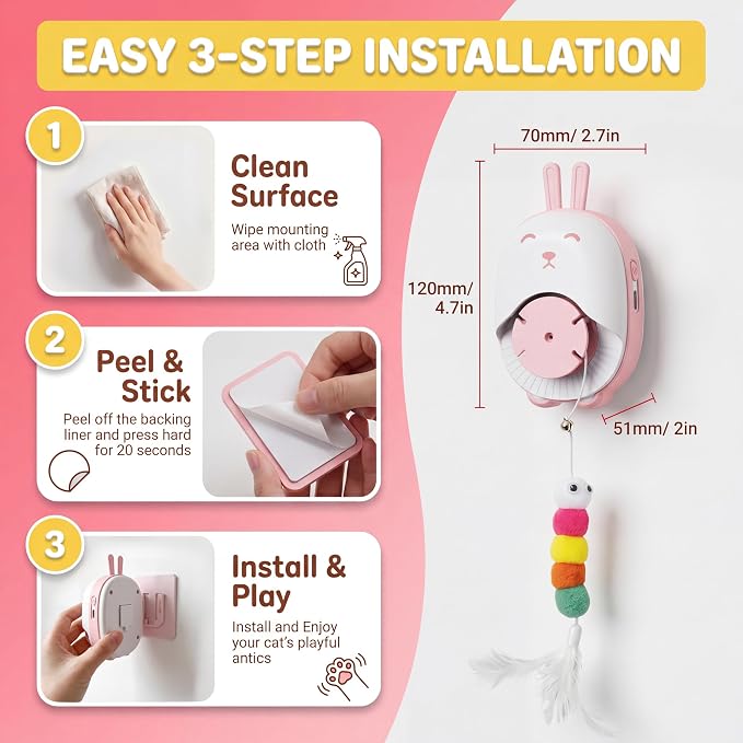 Interactive Cat Toys for Indoor Cats, USB Rechargeable Electric Teaser with Clip, Automatic Cat Toys to Self Play Enrichment Toy for Bored Kittens & Adult Cats (Pink)