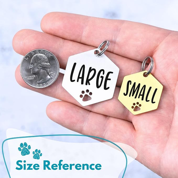Ultra Joys Dog Tags Personalized for Pets - Hollow Paw Custom Pet ID Tag - Engraved Dog Tag for Small, Large Dogs - Large Hexagon in Gold